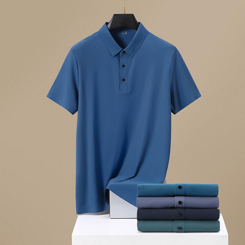 Camisa Polo de Seda Helada para Hombre de Negocios Casual de Verano Sin Costuras Alta Elasticidad Sin Planchado Fina de Manga Corta con Cuello Camisero Manga Corta
