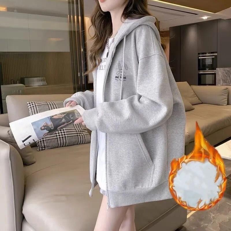 Women's Fall/Winter Korean-Style Sweatshirt Jacket, Loose-Fit, Hooded, Long-Sleeve, Zipper, Student Top
