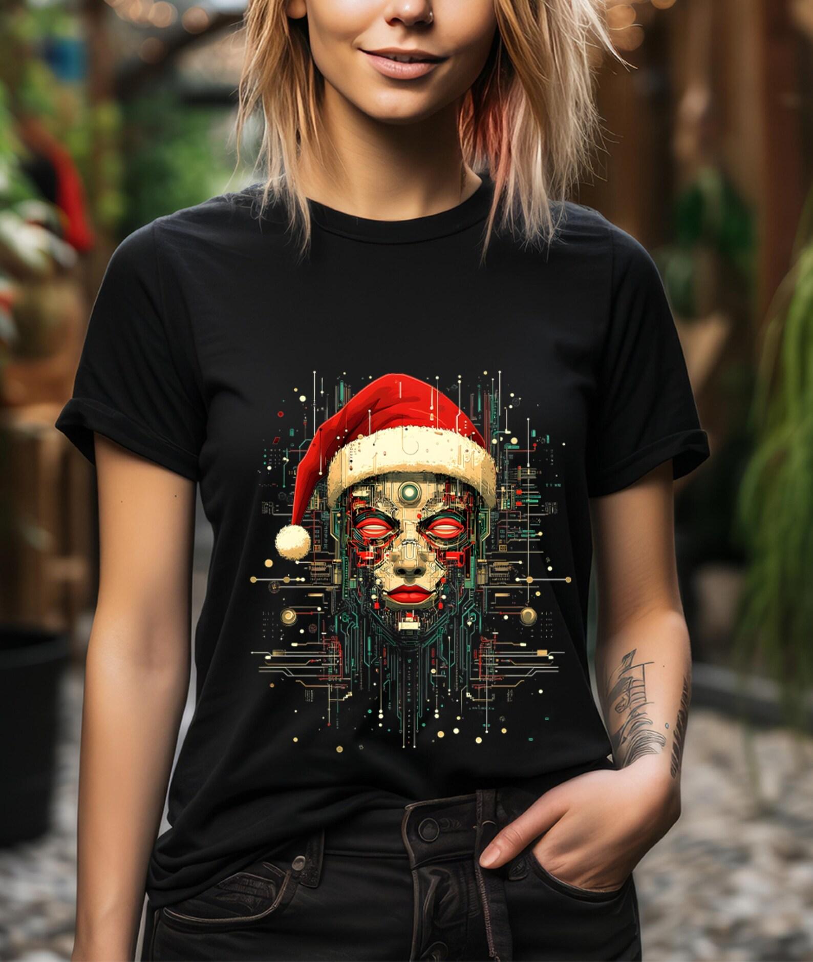 Christmas Cyberpunk Skull T-Shirt: Futuristic Santa Robot Tee S