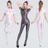 Sexy Women Short Sleeve Oily Bodysuit Open Crotch One-Piece Swimsuit Silky Tights Shiny Pantyhose Bathing Sex Sm Game Cos Ootd
