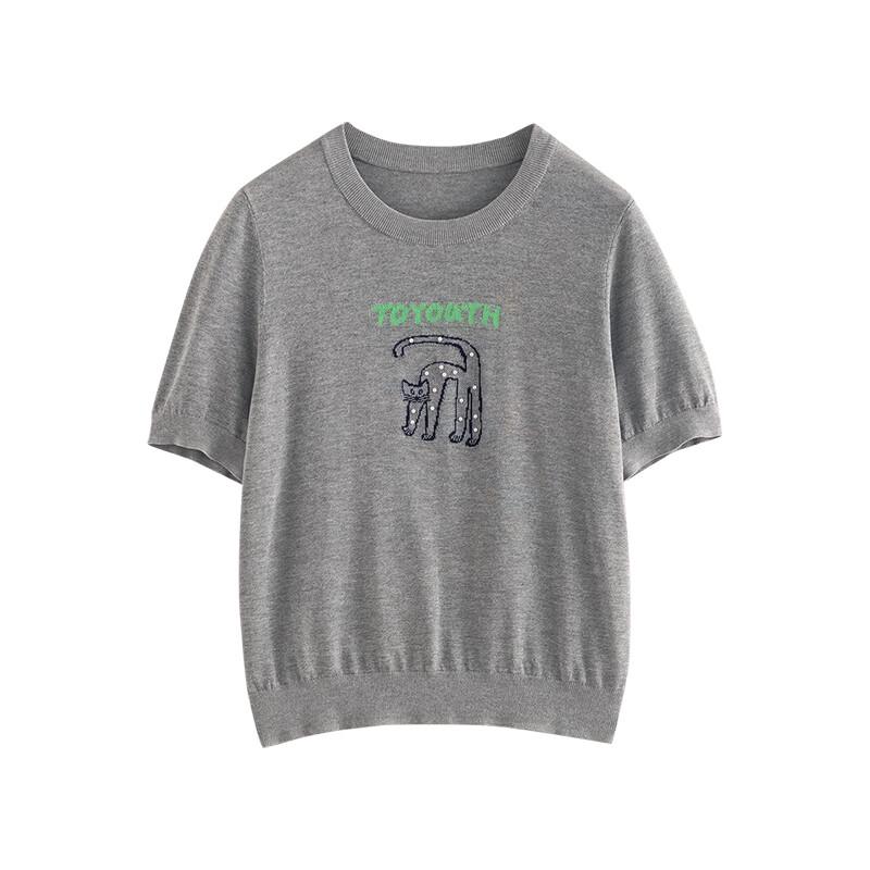 Chuyu 2025 Letní dámský top s krátkým rukávem s žakárovým vzorem písmene a kočky, imitace lnu