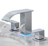 LED Waterfall Bathroom 3 Holes Basin Faucet, 2 Handles Cold Hot Water Mixers Sink Tap RGB Color Change Powered by Water Flow