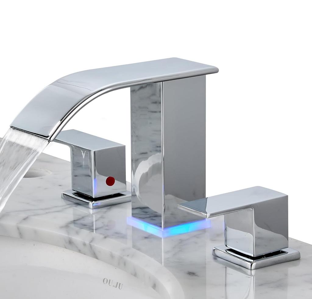 LED Waterfall Bathroom 3 Holes Basin Faucet, 2 Handles Cold Hot Water Mixers Sink Tap RGB Color Change Powered by Water Flow