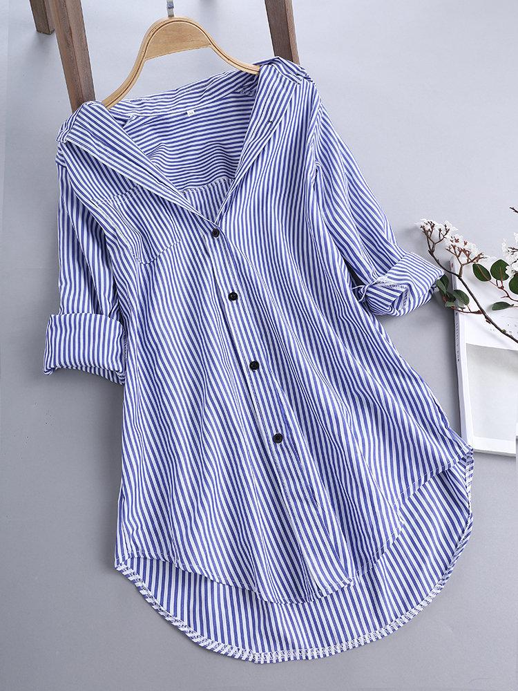 

Women s Casual Fashion Long-Sleeve Vertical Stripe Mid-Length Shirt 4XL темно-синього кольору