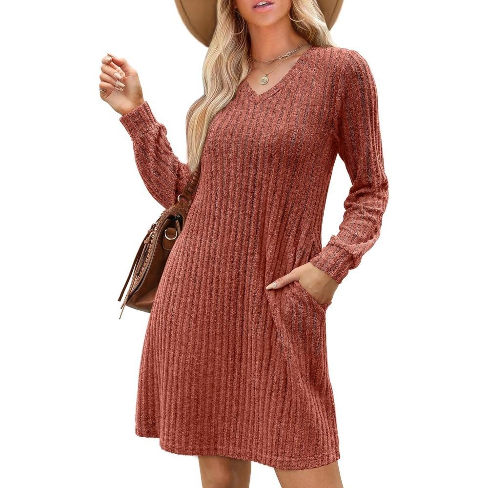 HNXC Women's Fashion Autumn Winter Solid Color Print Long Sleeve V-Neck  Casual Dresses