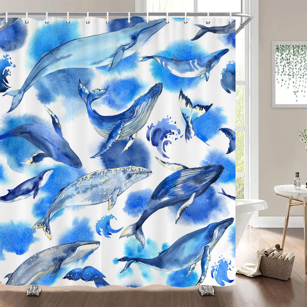 1 Pack Cartoon Turtle,Dolphin,Whale Printing Shower Curtain Partition Bathroom Curtain With Hooks Home Decorative Curtain