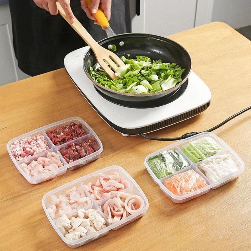 4 Grids Portable Food Fruit Storage Box Portable Compartment Refrigerator Freezer Organizers Sub-Packed Meat Onion Ginger Tools