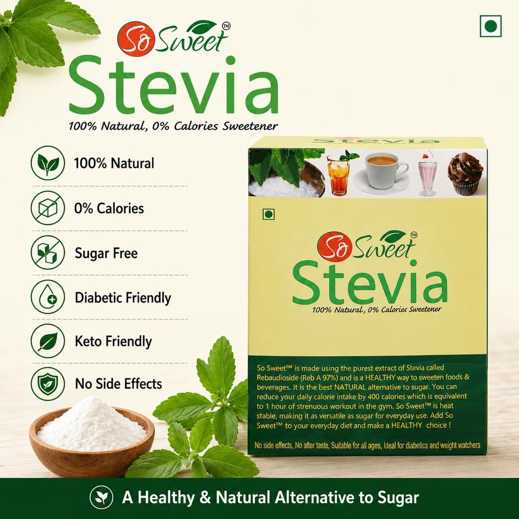 So Sweet Stevia Zuckerfreier Natürlicher Null-Kalorien-Süßstoff, 50 Beutel (Packung mit 6), Perfekt zum Süßen von Getränken, Backen und Kochen, Diabetiker &