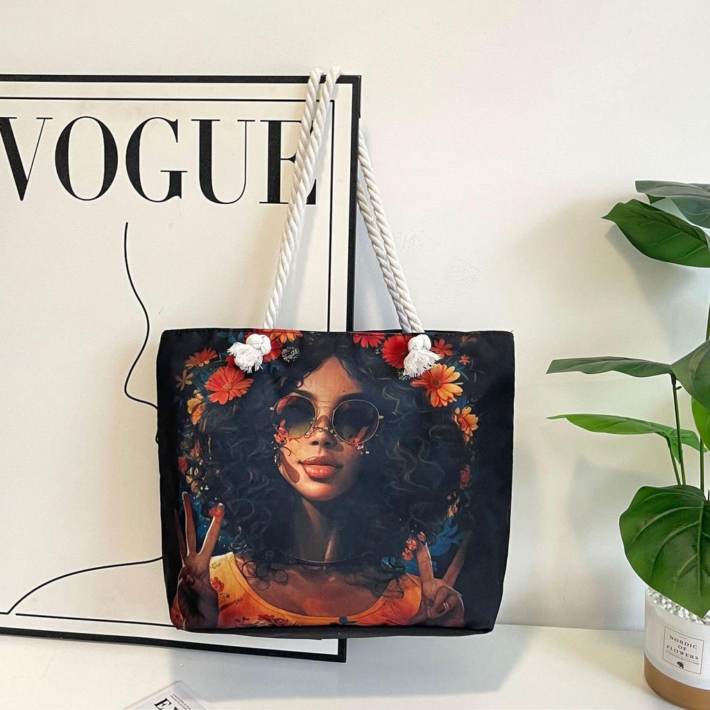 2025 Damska Duża Torba Płócienna: Stylowy nadruk, torba plażowa i na zakupy