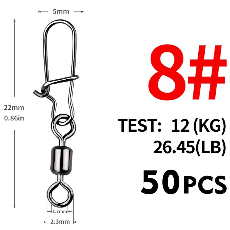50pcs/box Heavy-Duty Ball Bearing Fishing Swivels Snaps with 8-Shaped Swivel Rings Stainless Steel for Saltwater Lure Connector 260319