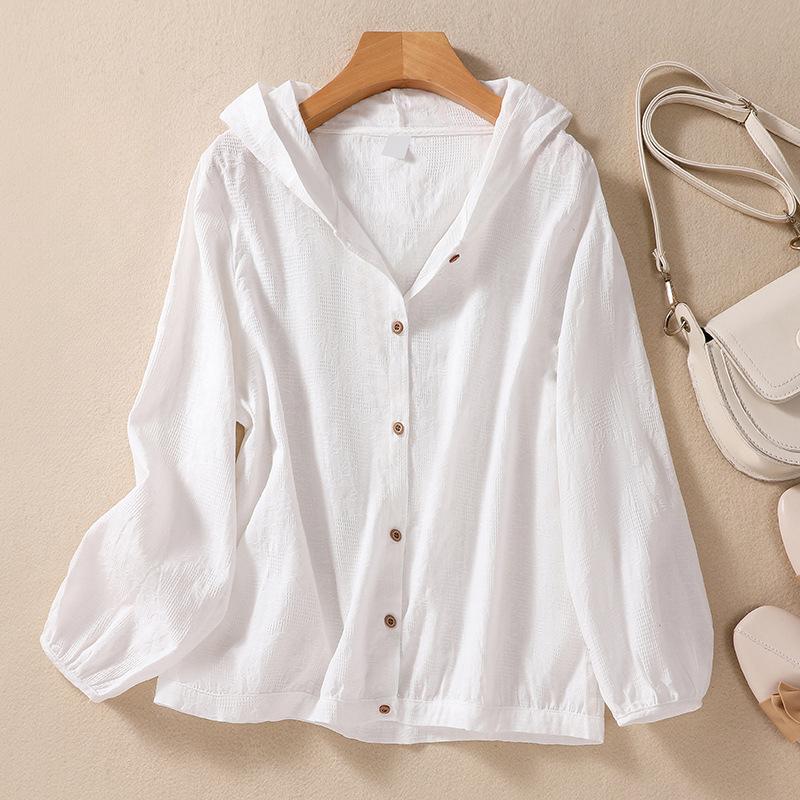 Dámská nadměrná velikost bavlněná lněná jednobarevná košile jaro podzim nadměrná volná ležérní s dlouhým rukávem s kapucí
