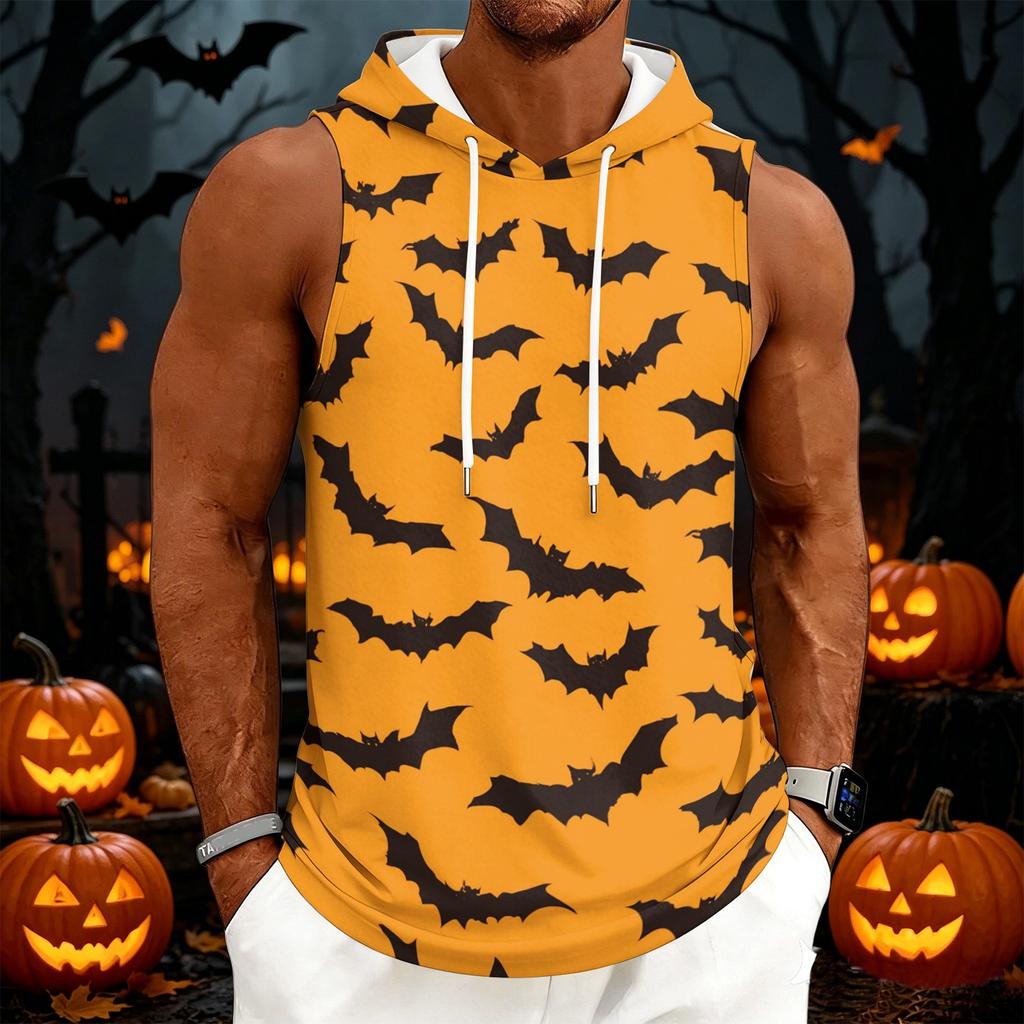 Men's Halloween Costume Hooded Vest, Sleeveless Drawstring Print Pullover for Party and Daily Wear
