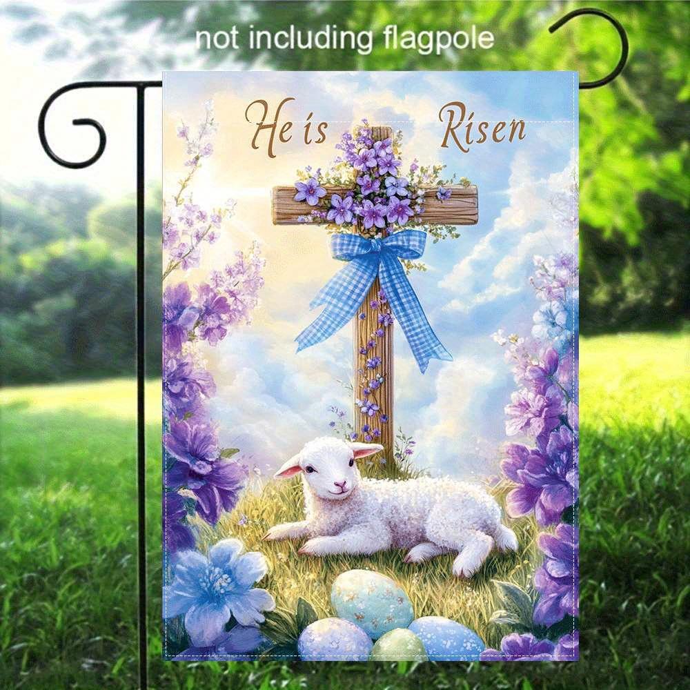 1pc, Double-Sided Easter Theme Garden Flag - Featuring Purple Flowers, Lambs, and Colorful Eggs with Cross Decoration, Suitable for Outdoor Use, Made