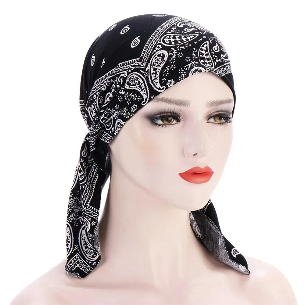 

Women Muslim Print Pre-Tied Hijab Chemo Cap Inner Hats Elastic Cancer Beanies Bandana Hair Loss Underscarf Headwrap Scarf Turban