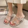 Cool Slippers Women's Rhinestone Outer Wear One Word Belt Summer 2025 New Crystal Heel with Skirt High Heels Women's Sandals