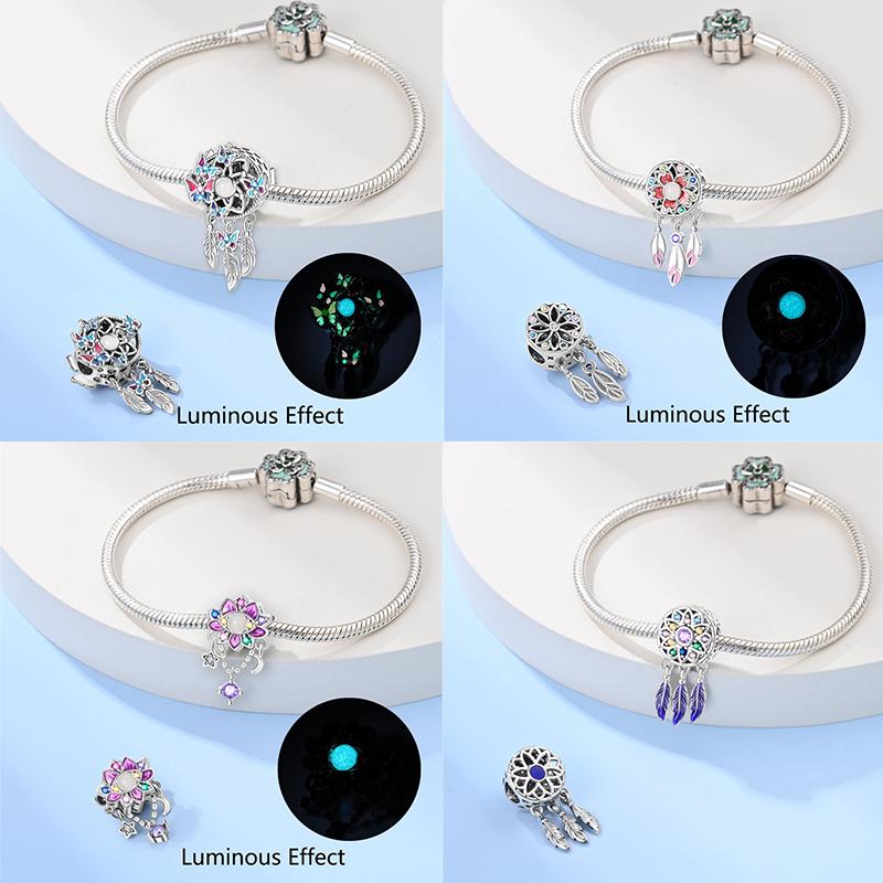 Fashion Copper Feather Colorful Luminous Dreamcatcher Charms Bead Fit Original Bracelets Exquisite Diy Jewelry Gift