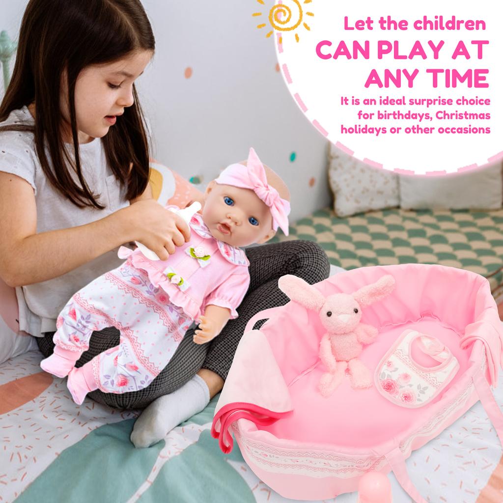 10 Pcs Doll Clothes Set Portable Baby Doll Accessories Set with Bassinet Diaper Pacifier Feeding Bottle for Children Toddler