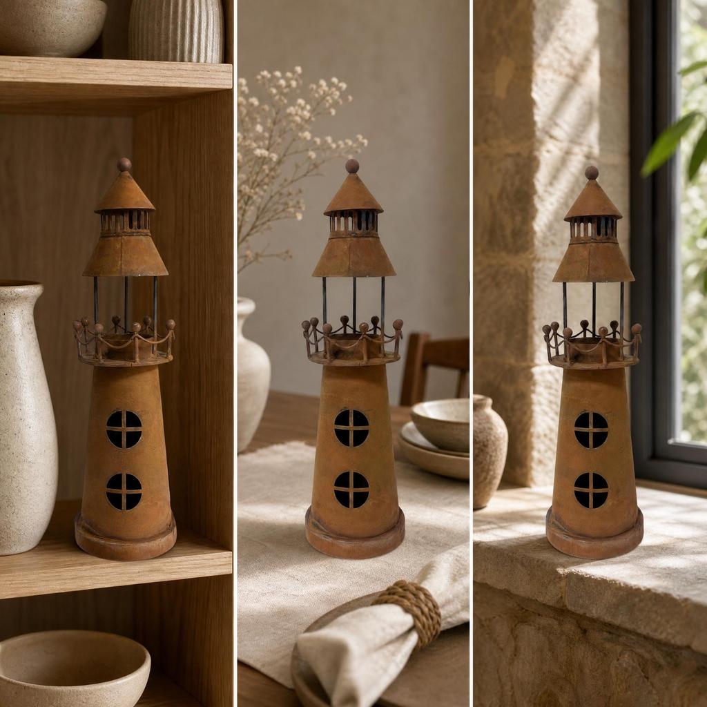 Metal Lighthouse Candle Holder with Rusted Finish Rustic for Mantel, Entryway