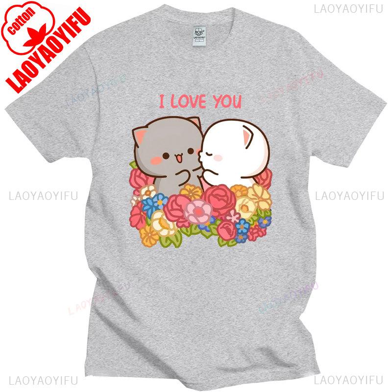 Pfirsich Katze Goma und Mochi Selfie T-Shirt Sommer Baumwolle Kurzarm T-Shirts Niedlicher Druck T-Shirt Mode Harajuku Lustige Partner Tops