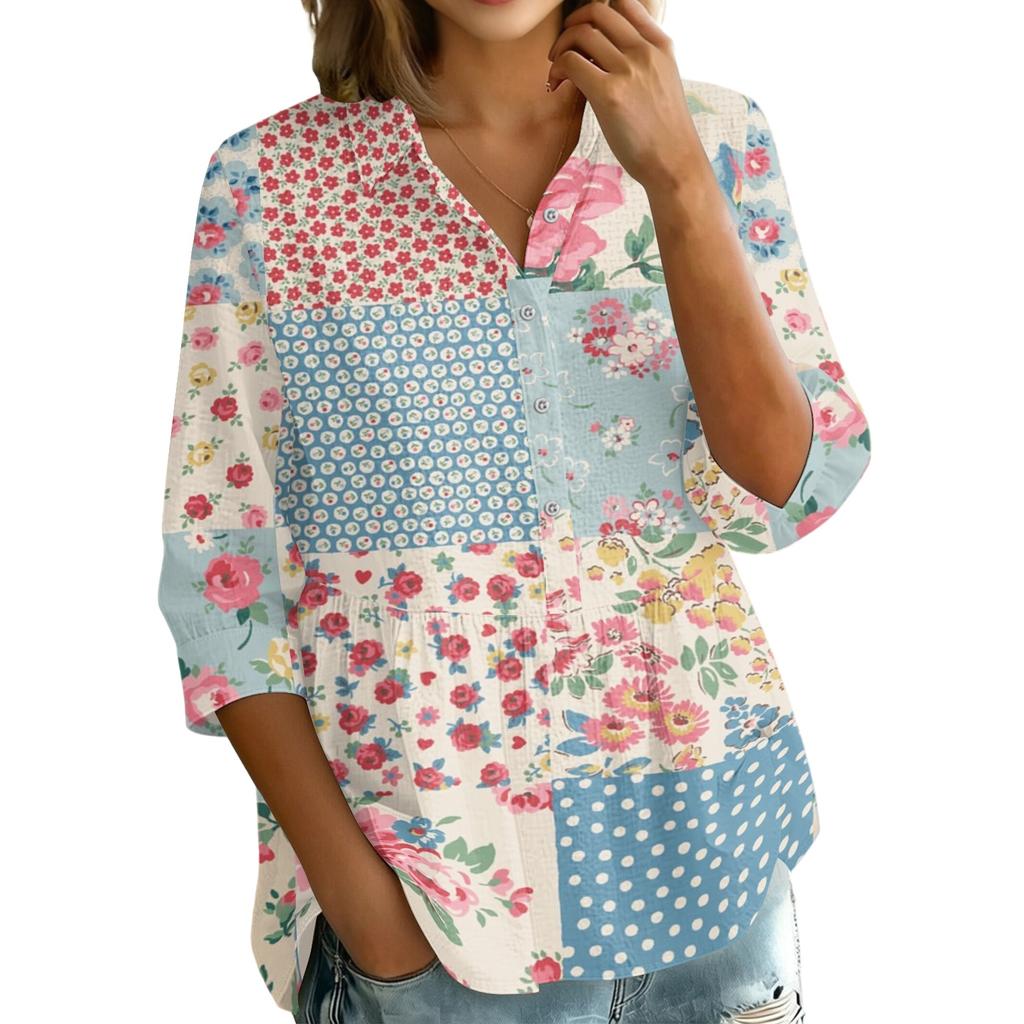 Women's Button Front Vintage Floral Print Shirt Top Three Quarter Sleeve Loose Fit Blouse with Lapel Collar Casual Wear