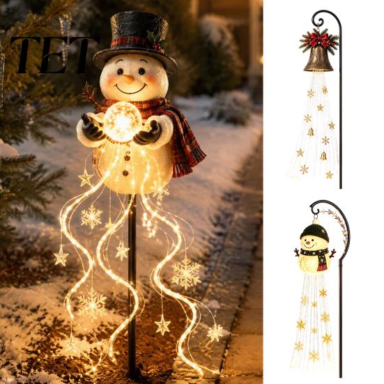 Wasserdichte LED-Rasenornamente Solar-Schneemann Gartenspießleuchte, Fließende Wasserfall-Lichterkette mit Außenhofdekorationen Stern Schneeflocke, Dekoration für