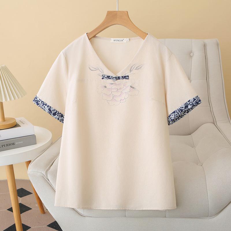 B1 Plus Size Women's Ethnic V-Neck Short Sleeve Cotton Linen Shirt - Summer 2026 Arrivals