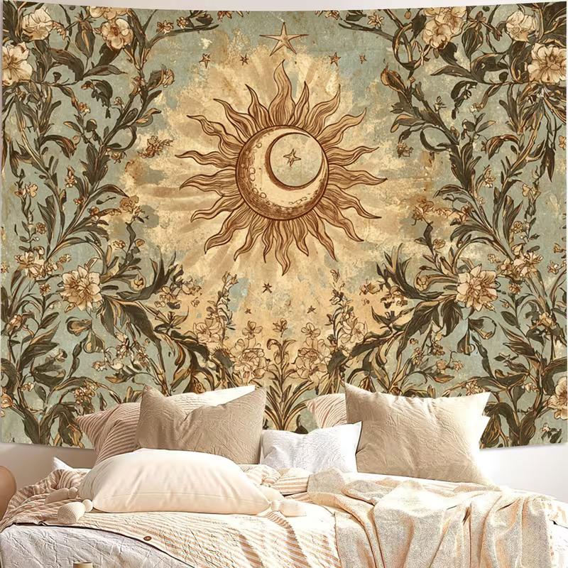 Tapisserie 2D Dark Academia Soleil Lune, Décor Mural Céleste Floral Rétro