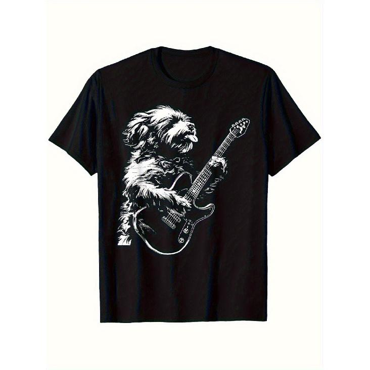 1pc Cavapoo Dog Guitarist T-Shirt - 100% Cotton 180gsm Black Short Sleeve Tee with White Poodle-like Cavapoo & Guitar Print, S-XXXL Sizes for Men & S чёрный