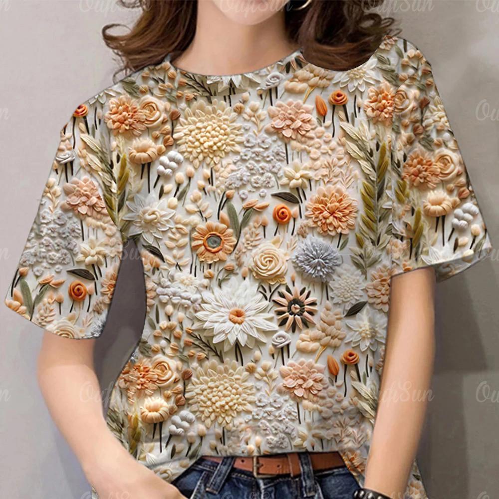 

Women s flower 3d printed women s T-shirt Casual short sleeve T-shirt Large T-shirt 6XL