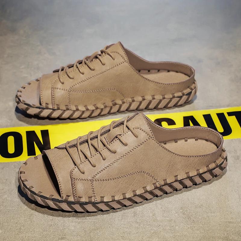 New New Casual Top Leather Slippers Handmade with Personalized Lace Up and Super Fiber Leather Sandals Plus Size 39-46