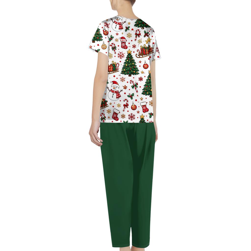 Women's Uniform Set with Short Sleeve Christmas Print Top and Pants, Two Piece Caregiver with Pockets