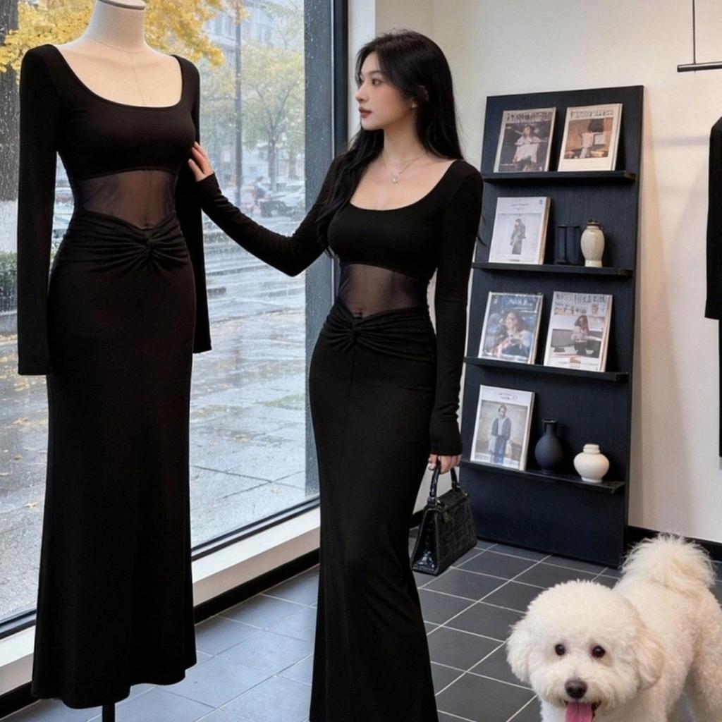 2026 Spring Women's Sexy Mesh Splice Long Dress: Slim Waist-Cinching, Hip-Hugging Design