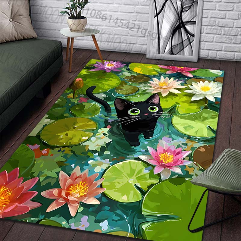 Multiple sizes Black cat in lily pond Carpet for Living Room Bedroom Sofa Home Decor Rus Non-slip Floor Mat Luxury Gift