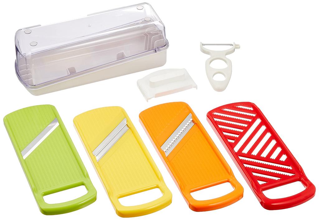 Wahei Freiz Japanese-made Slicer Set, Includes Slicer, Julienne, Grater, Peeler, Safety Holder, and Storage Case, Vitamin Island ME-7288