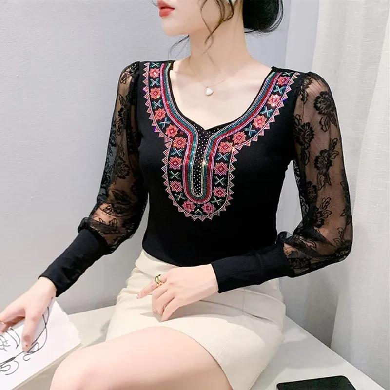

Весна Осень Европейская Одежда Женская Футболка Сексуальное Кружево Длинный Рукав Сетка Топы Шик Винтаж Роскошь Горячие Бриллианты Футболки Рубашки 3XL чёрный