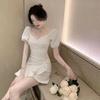 Sexy Style Solid Color Pleated Bubble Sleeves V-neck Dress Women's Summer Small Slim-fitting Ruffle Edge Miniskirt