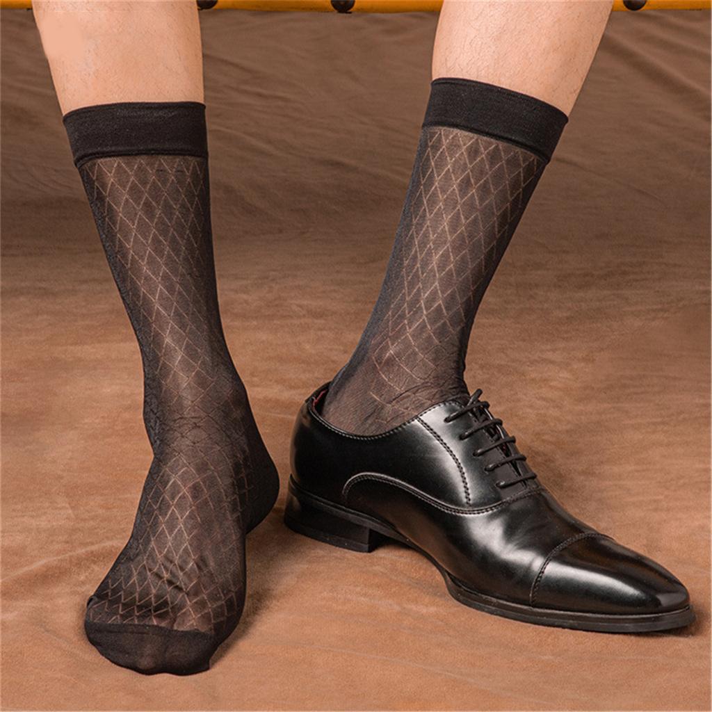 Mens Ultrathin Dress Socks Silk Sheer Business Socks Soft Nylon See Through Diamond Pattern Middle Tube Calf Socks
