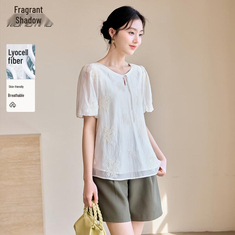 Xiangying New Chinese Style Embroidered Puff Sleeve Top S