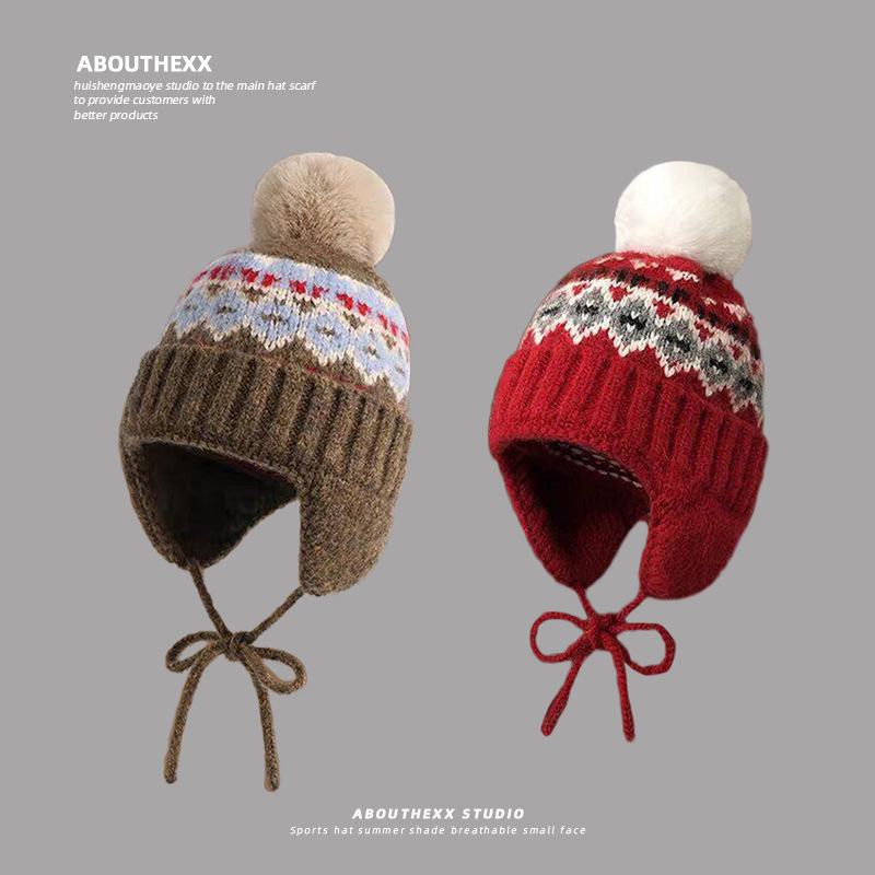 Fair Isle Style Fur Ball Knitted Hat for Women Autumn and Winter Ear Protection Woolen Hat Northeast Thickened Warm Outdoor Pullover Hat Trend