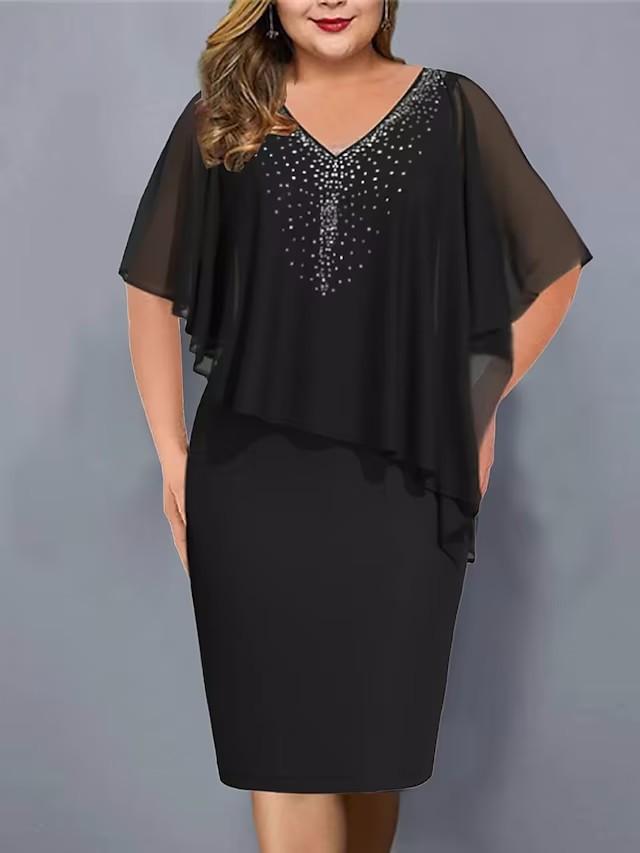 Elegant Black Evening Dress with Rhinestone V-Neck and Flutter Sleeves,Women's Party Cocktail Dress In Multiple Colors