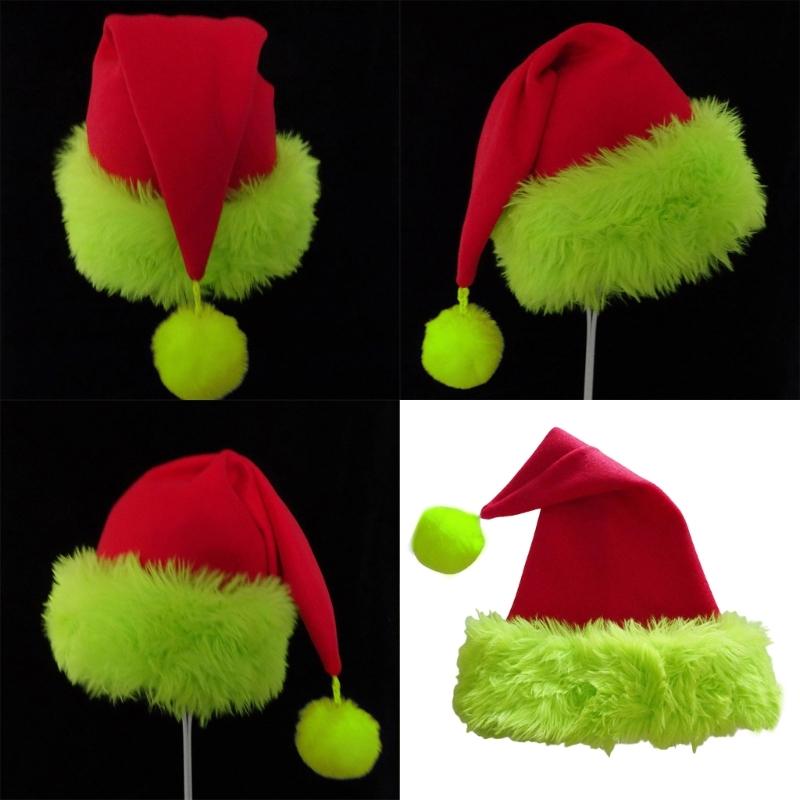 Adult Christmas Santa Hat with Green Brim New Year Party Cosplay Accessories