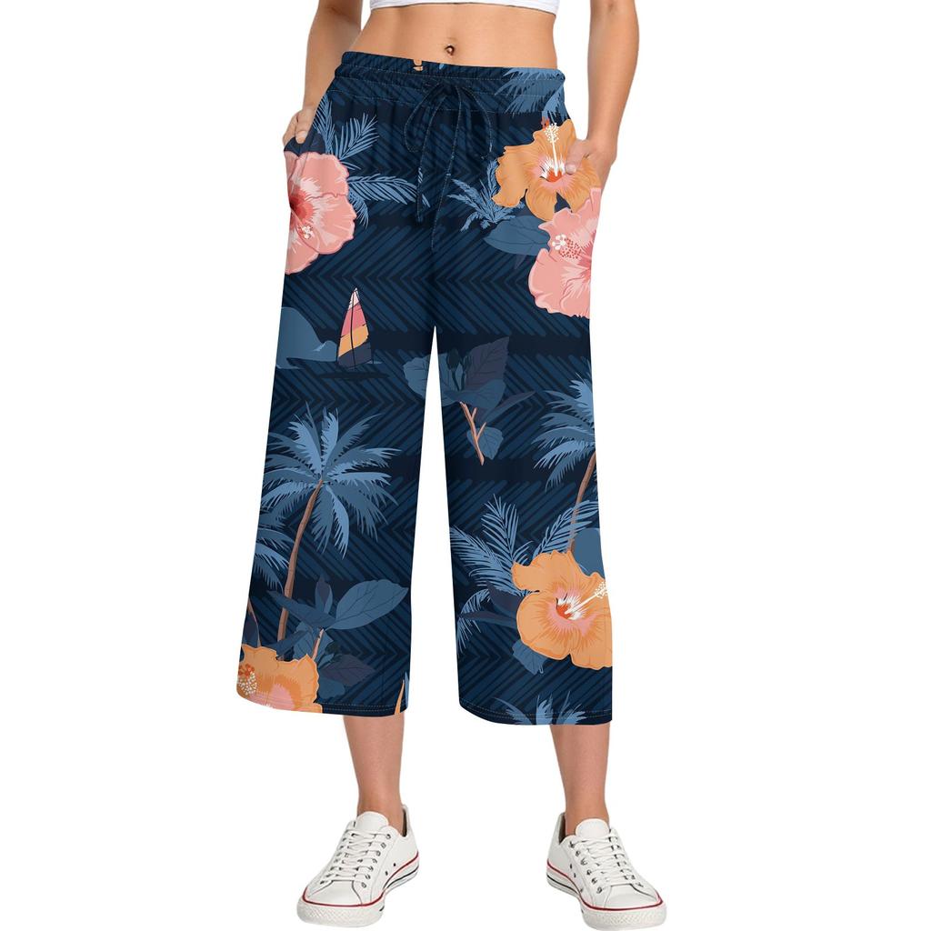 Damen Sommer Hohe Taille Bedruckte Freizeit-Sportbekleidung Lässige Cropped-Hose Weite Hose