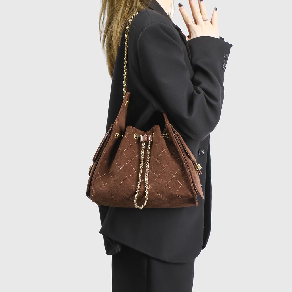 Fall Winter Women Quilted Chain Bucket Bag Trendy Style Faux Suede Handbag Fashion Shoulder Crossbody Ladies Purse