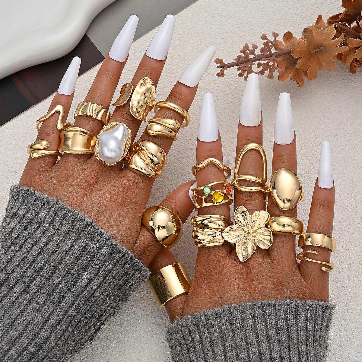 

20 Pcs Fashion Flowers Geometric Irregular Line Open Ring Set For Women Gold Color Vintage Mix Style Trendy Jewelry Party Gifts