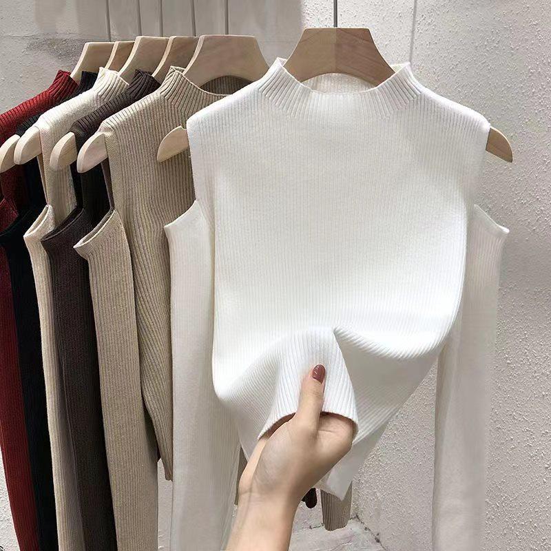 Korean Off-Shoulder Knit Long-Sleeve Sweater for Women - Spring 2025 Collection