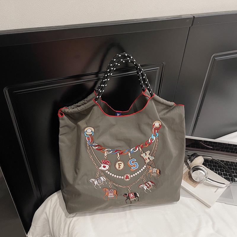 2026 Spring Japanese Style Eco-friendly Nylon Embroidered Tote - Large Capacity Casual Single Shoulder Bag for Women