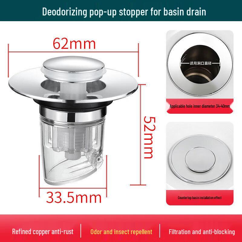 Universal Pop-Up Basin Drain Stopper with Anti-Odor Filter