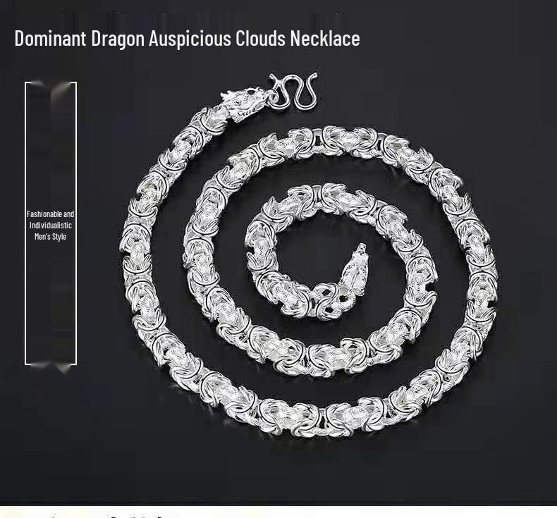 Silver-Plated Dragon Pendant Necklace with Chinese Fu Character - Double Layer Hollow Design