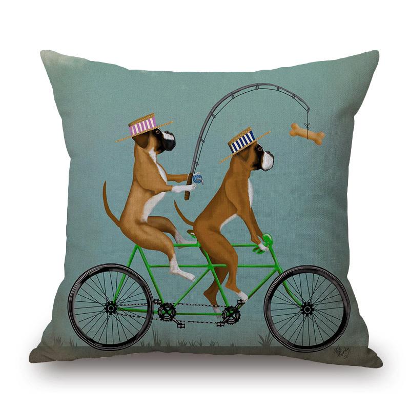 Dogs On Bicycle Art Cushion Cover Poodle Bulldog German Shepherd Golden Retriever Dachshunds Labrador Print Linen Pillow Case