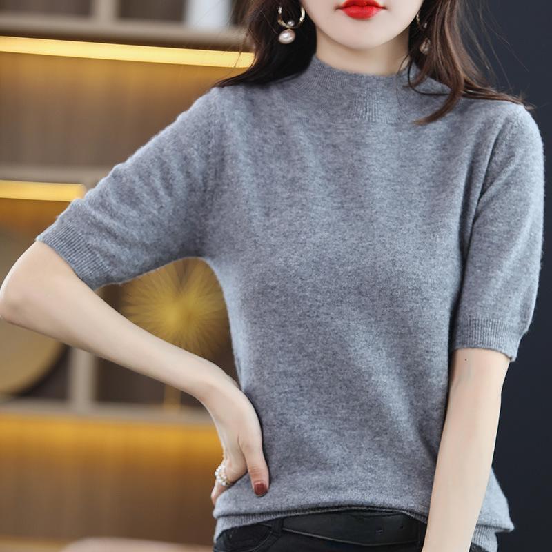 Pulover tricotat cu mânecă mijlocie pentru damă - Jumătate cu gât, ușor, pentru primăvară și toamnă.